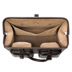 Deep Pocket Leather Duffle Bag in Dark Coffee Brown, top view of the wide-mouth opening and suede-lined interior