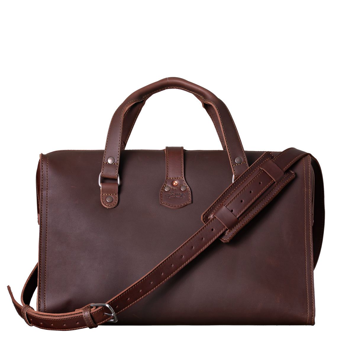 Deep Pocket Leather Duffle Bag in Chestnut, back view with handles and shoulder strap draped across