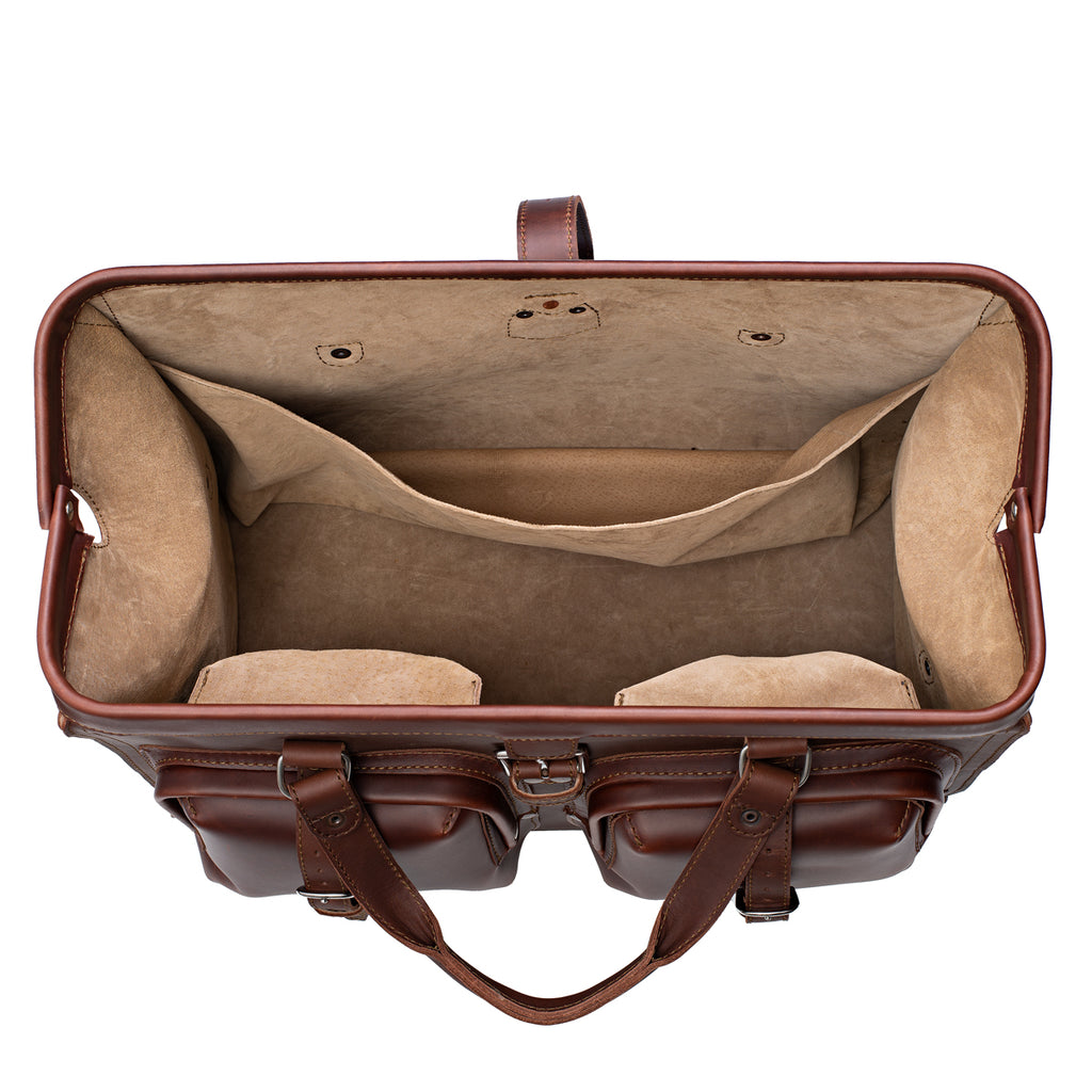 Deep Pocket Leather Duffle Bag in Chestnut, top view of the wide-mouth opening and suede-lined interior