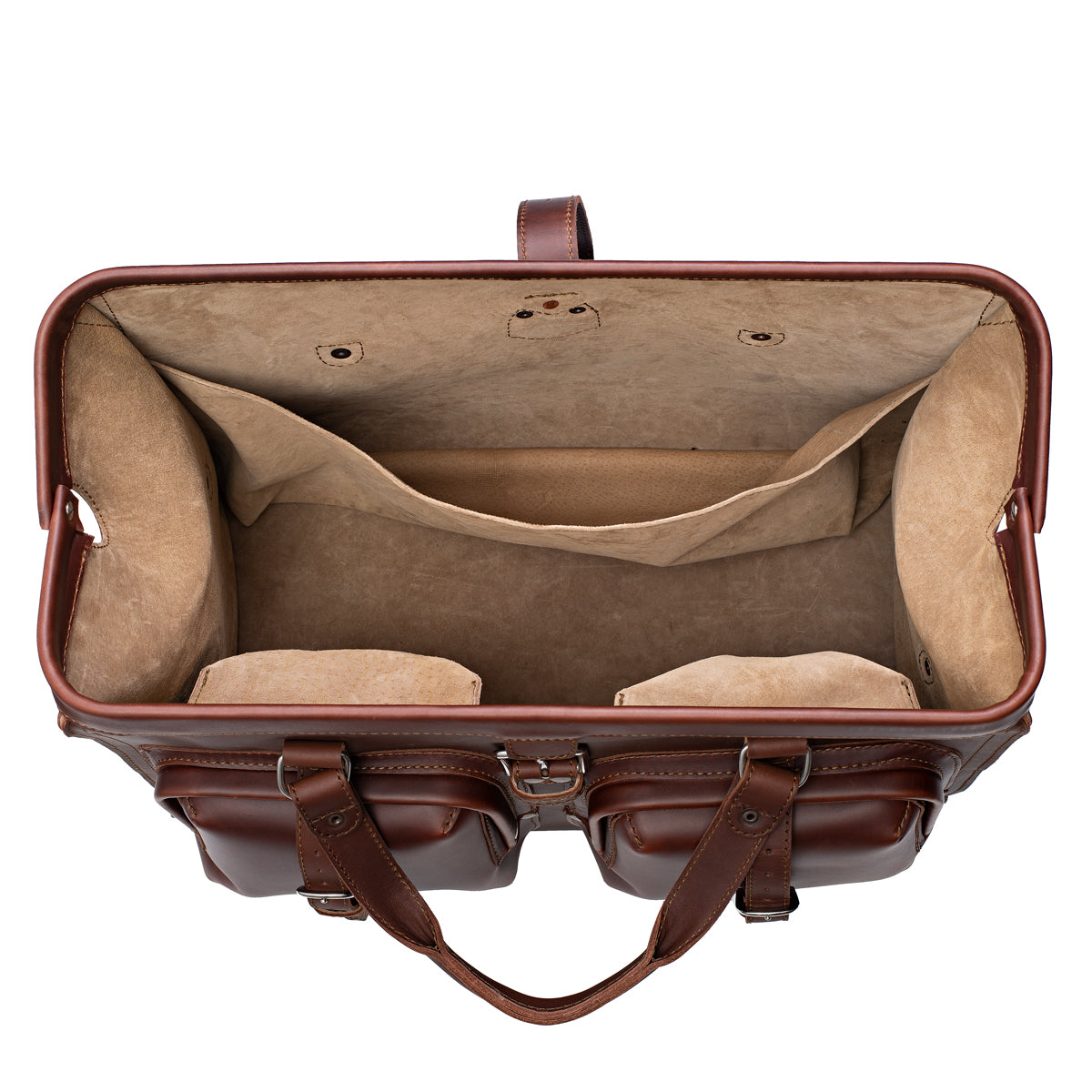 Deep Pocket Leather Duffle Bag in Chestnut, top view of the wide-mouth opening and suede-lined interior