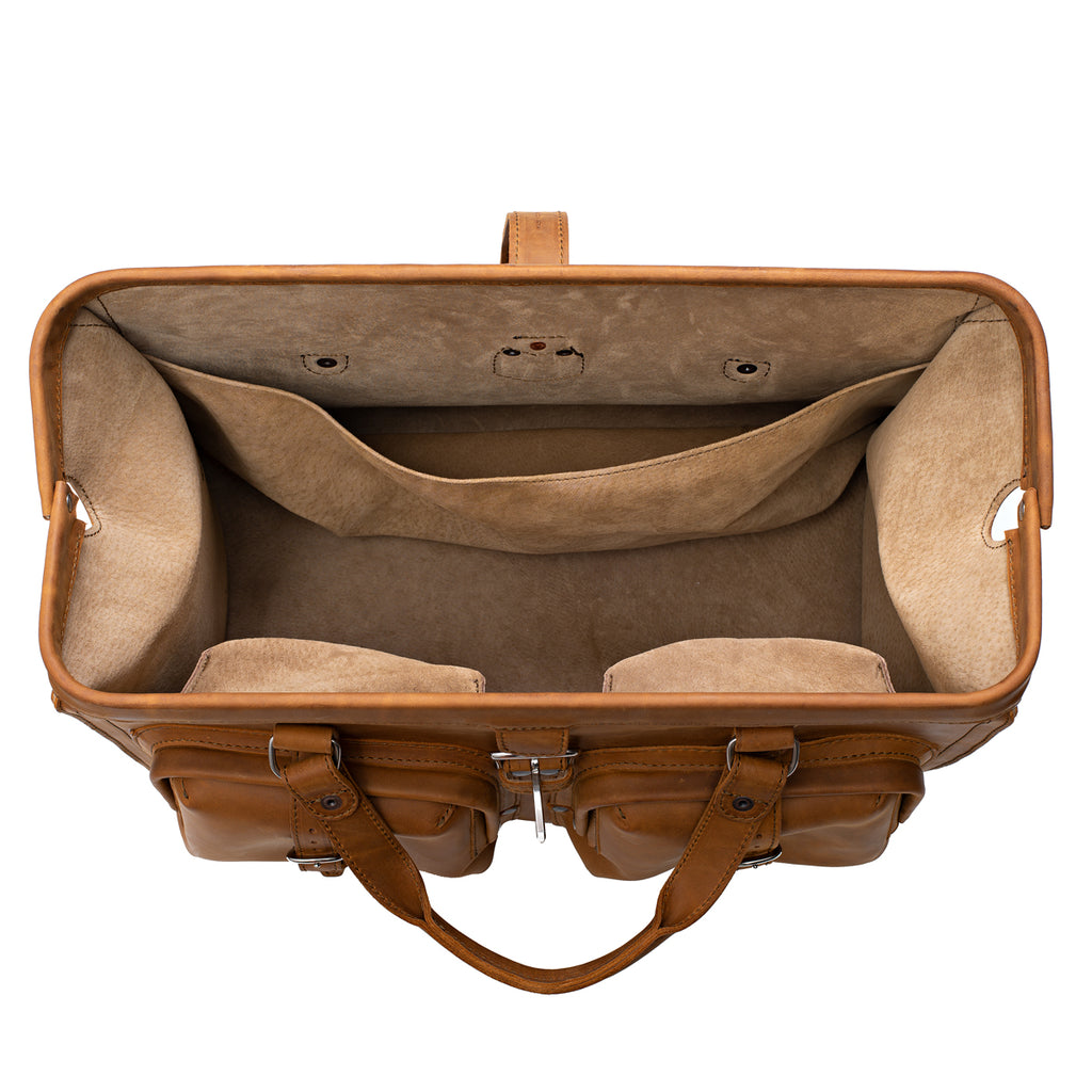 Deep Pocket Leather Duffle Bag in Tobacco, top view of the wide-mouth opening and suede-lined interior