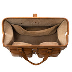 Deep Pocket Leather Duffle Bag in Tobacco, top view of the wide-mouth opening and suede-lined interior