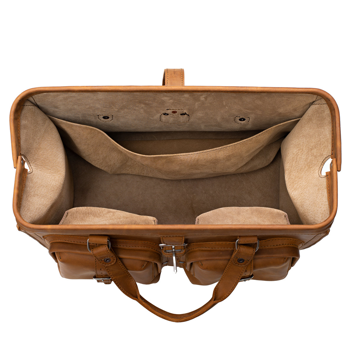Deep Pocket Leather Duffle Bag in Tobacco, top view of the wide-mouth opening and suede-lined interior