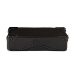 Grandfather Eyeglass Case in Black leather, closed front view with riveted corner caps and embossed logo
