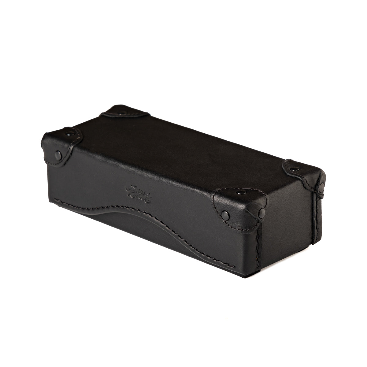 Grandfather Eyeglass Case in Black leather, closed angled view with riveted corner caps and embossed logo