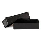 Grandfather Eyeglass Case in Black leather, open with lid lifted off the box-shaped base