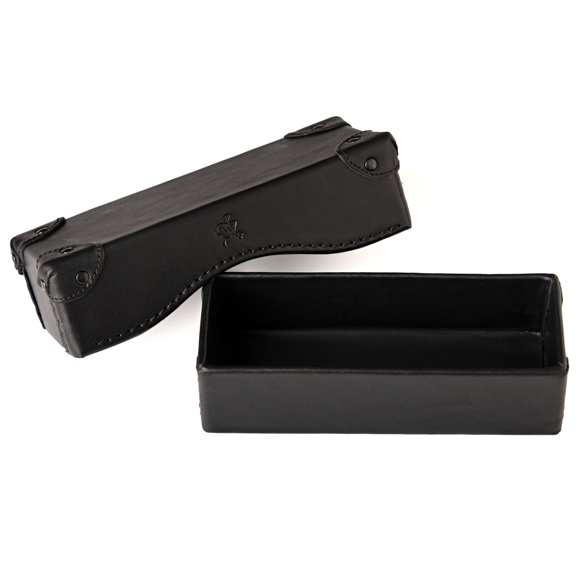 Grandfather Eyeglass Case in Black leather, lid set beside the open base, embossed tortoise on top