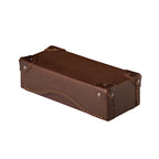 Grandfather Eyeglass Case in Chestnut leather, closed angled view with riveted corner caps and embossed logo