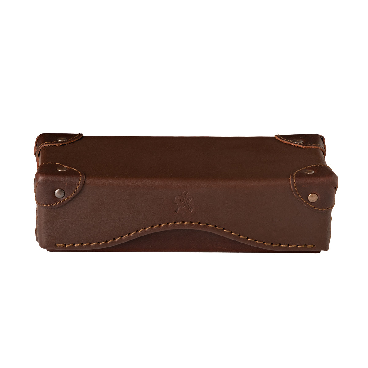 Grandfather Eyeglass Case in Chestnut leather, closed front view with riveted corner caps and embossed tortoise