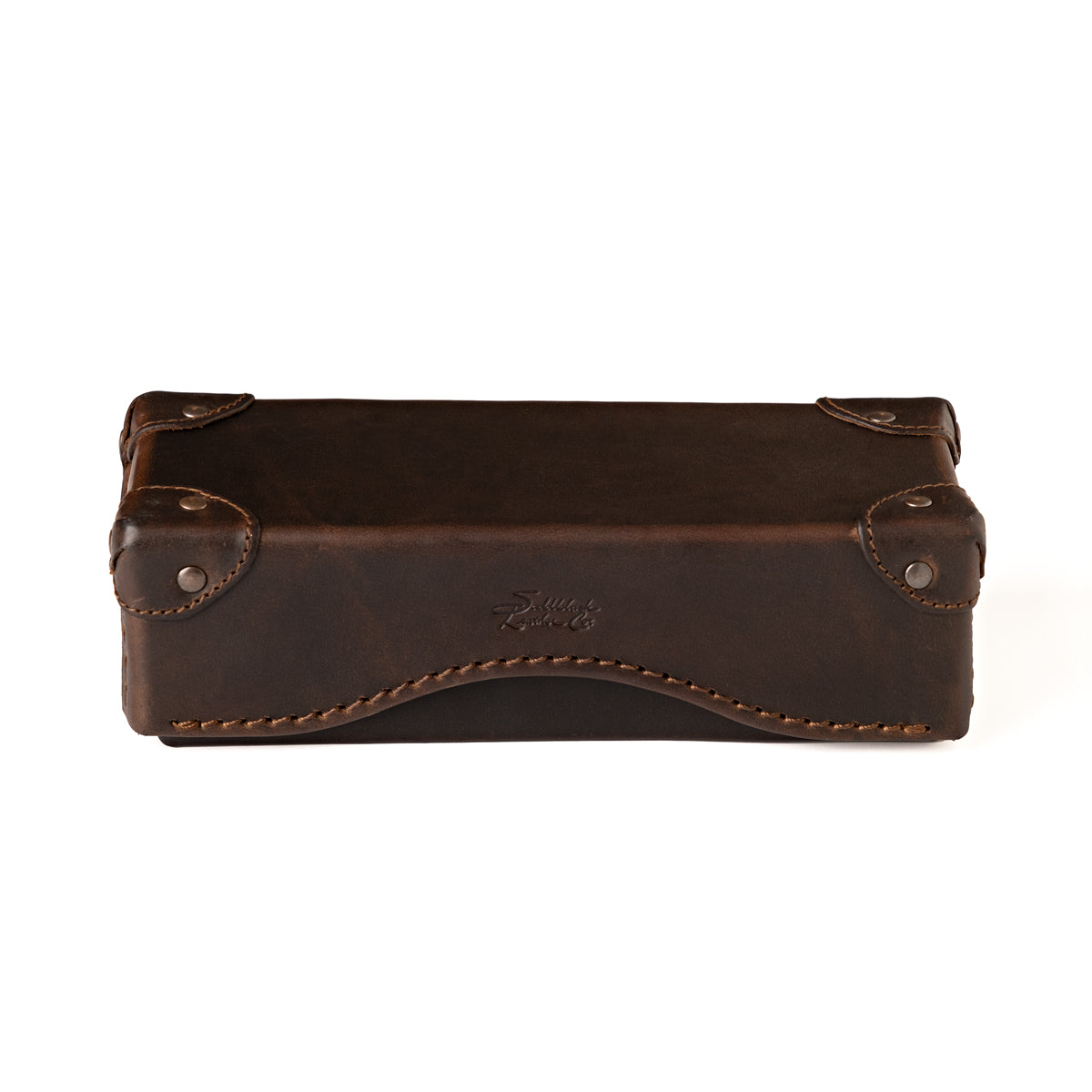 Grandfather Eyeglass Case in Dark Coffee Brown, closed front view with riveted corner caps and embossed logo