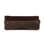 Grandfather Eyeglass Case in Dark Coffee Brown, closed front view with riveted corner caps and embossed tortoise