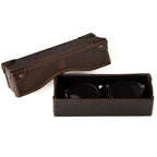 Grandfather Eyeglass Case in Dark Coffee Brown, open with a pair of round sunglasses inside and lid beside it