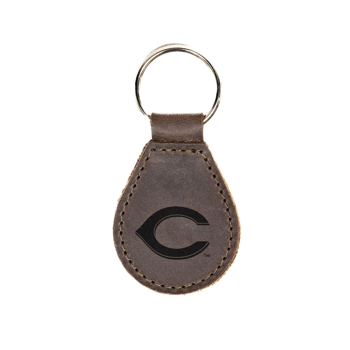 Cincinnati Reds Leather Keychain in Dark Coffee Brown with wishbone C logo and silver key ring, front view
