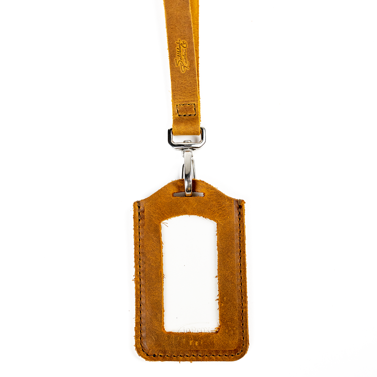 Lanyard & ID Holder in Tobacco, hanging front view with clear ID window and swivel clip