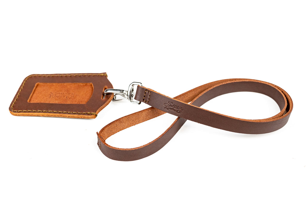 Lanyard & ID Holder in Chestnut, leather lanyard with swivel clip and ID holder with suede back panel