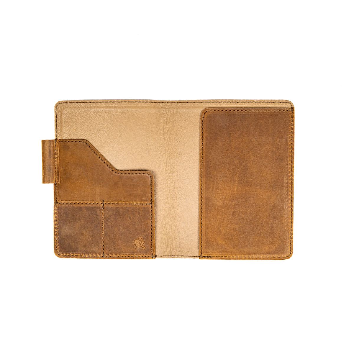 Leather Journal Cover - Kansas City Royals in Tobacco, open and empty showing interior pockets and pen loop