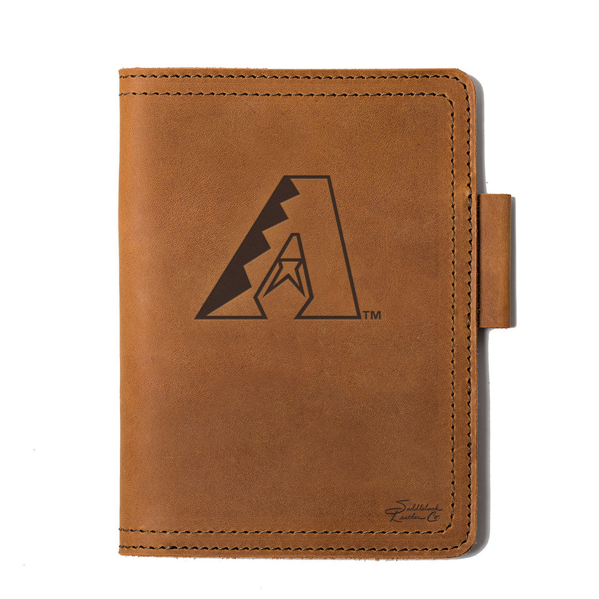 Leather Journal Cover - Arizona Diamondbacks in Tobacco, front cover with embossed Diamondbacks A logo and pen loop