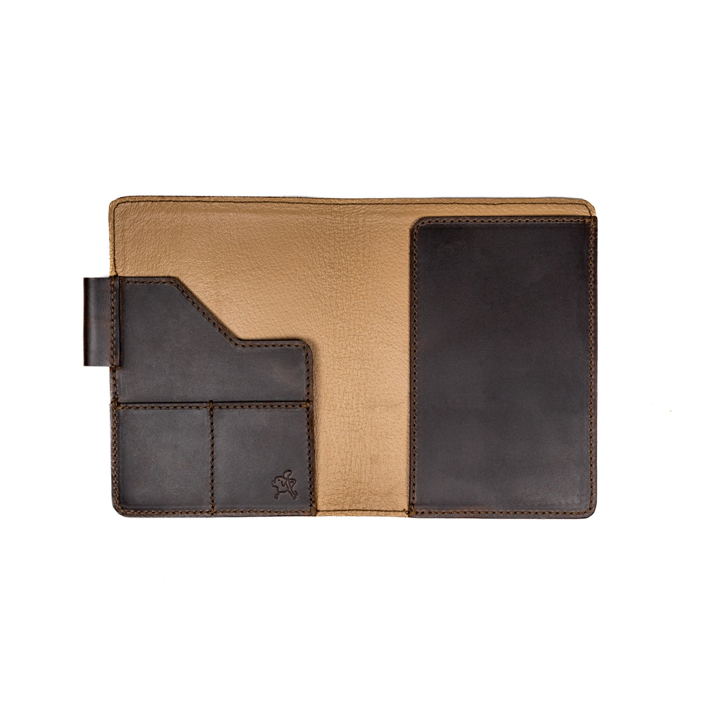 Leather Journal Cover - Arizona Diamondbacks in Dark Coffee Brown, open and empty showing interior pockets