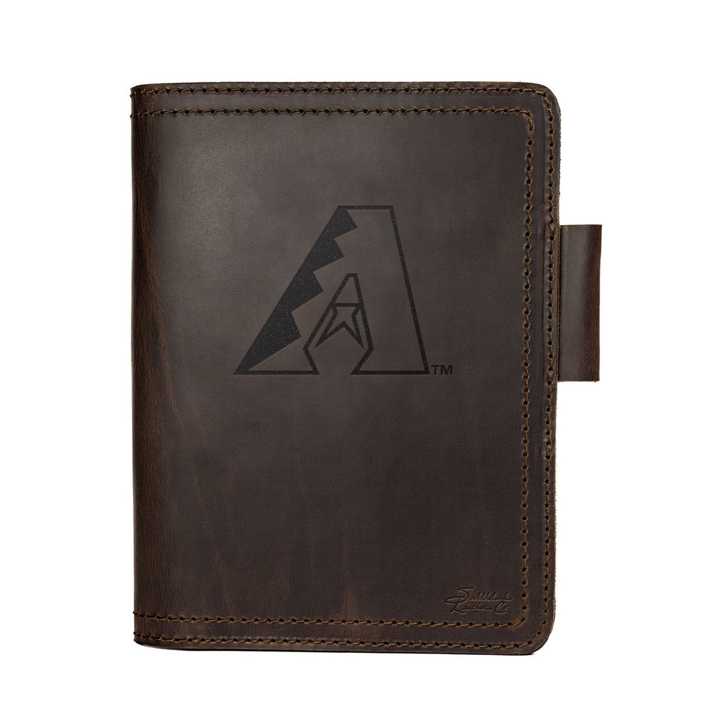 Leather Journal Cover - Arizona Diamondbacks in Dark Coffee Brown, front cover with embossed Diamondbacks A logo