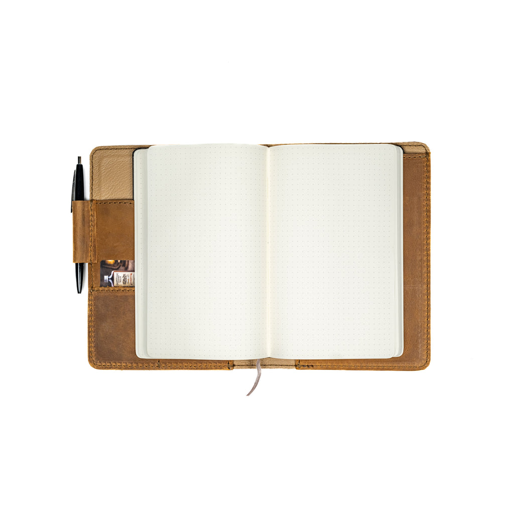 Leather Journal Cover - Arizona Diamondbacks in Tobacco, open with a dotted notebook and pen inside