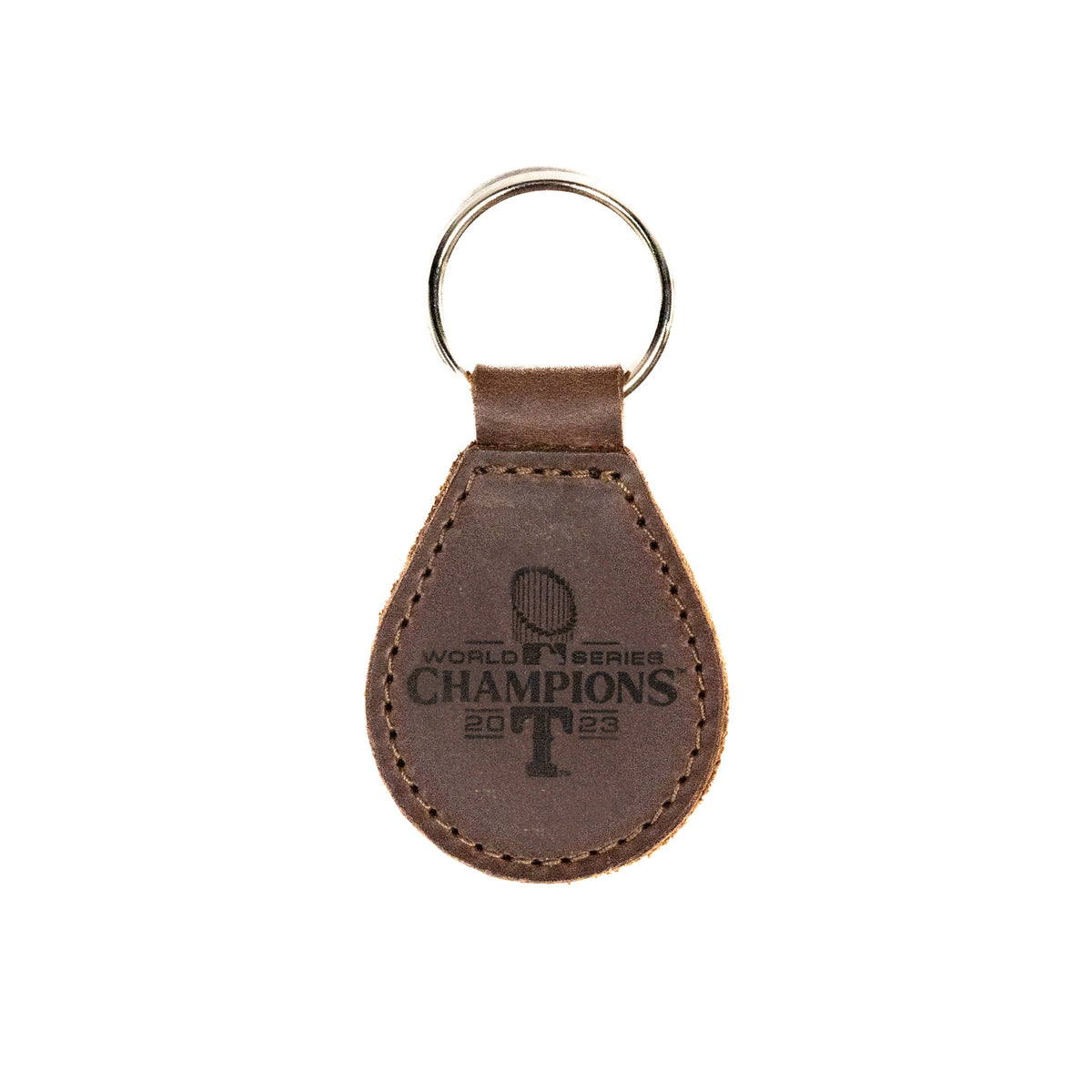 Leather Keychain - Texas Rangers World Series in Dark Coffee Brown, teardrop fob engraved World Series Champions 2023