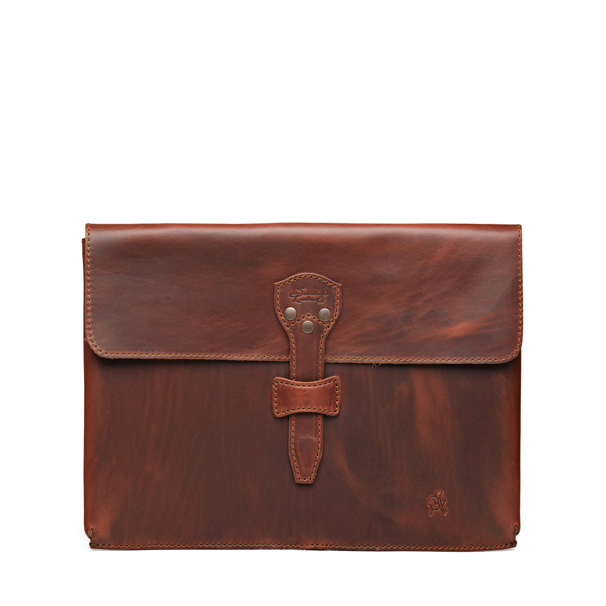 16" Document Holder in Chestnut, flat front view showing the riveted strap closure