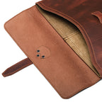 16" Document Holder in Chestnut with the flap open, close-up of the suede underside and tan interior