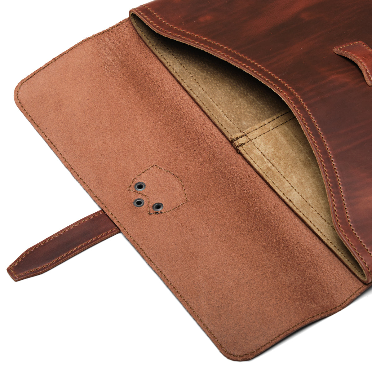 16" Document Holder in Chestnut with the flap open, close-up of the suede underside and tan interior