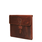 16" Document Holder in Chestnut, standing upright at an angle with riveted strap closure