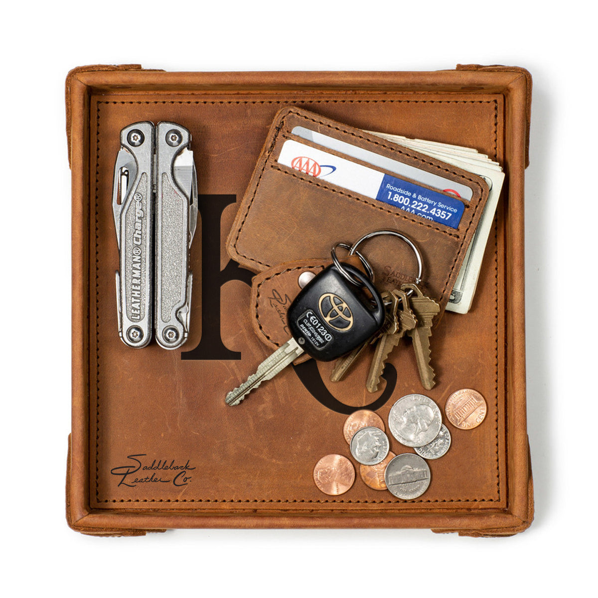 Kansas City Royals Leather Valet Tray in Tobacco, top-down view holding a multi-tool, card wallet, keys and coins