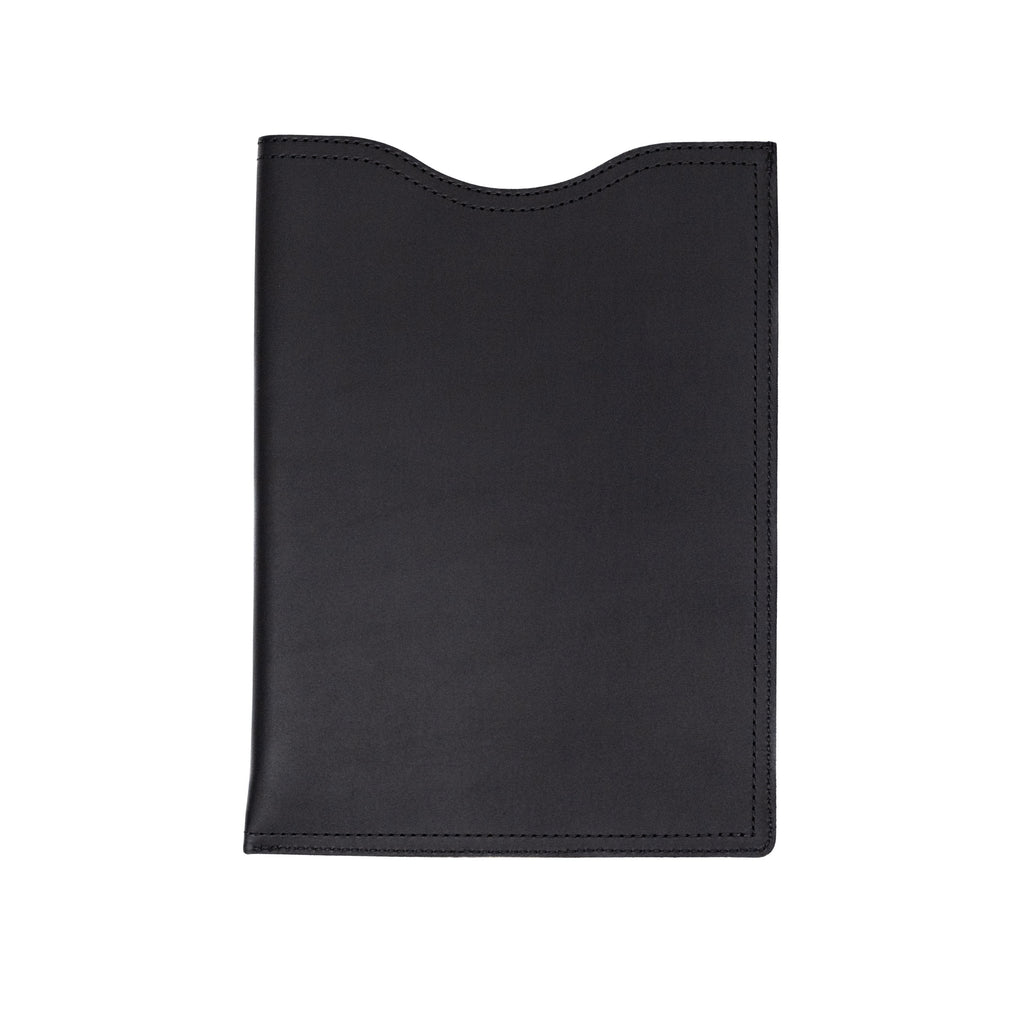 16" Vertical Laptop Sleeve in Black, back view with curved top opening and stitched edges