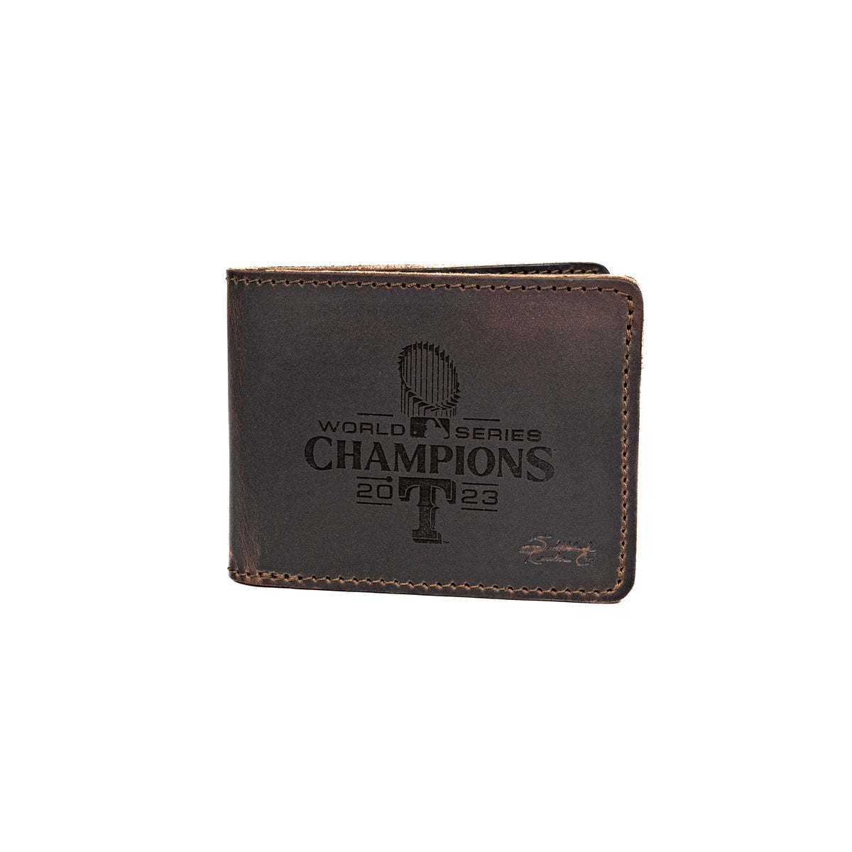 Leather Bifold Wallet - Texas Rangers World Series in Dark Coffee Brown, engraved World Series Champions 2023 with trophy