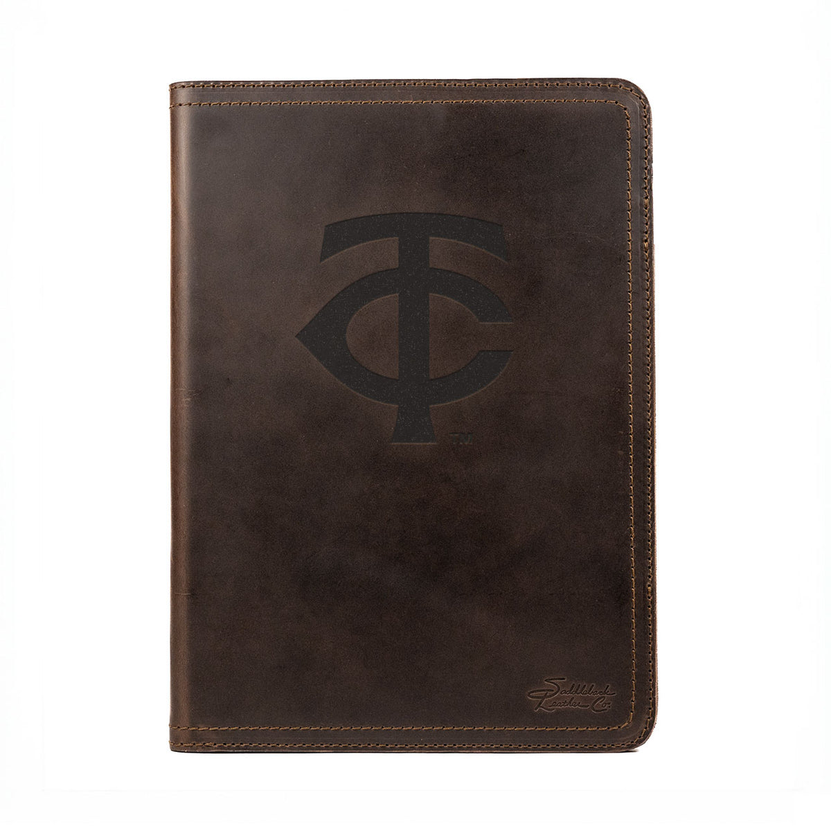 Leather Portfolio - Minnesota Twins in Dark Coffee Brown, closed, front view with TC logo and stitched edges