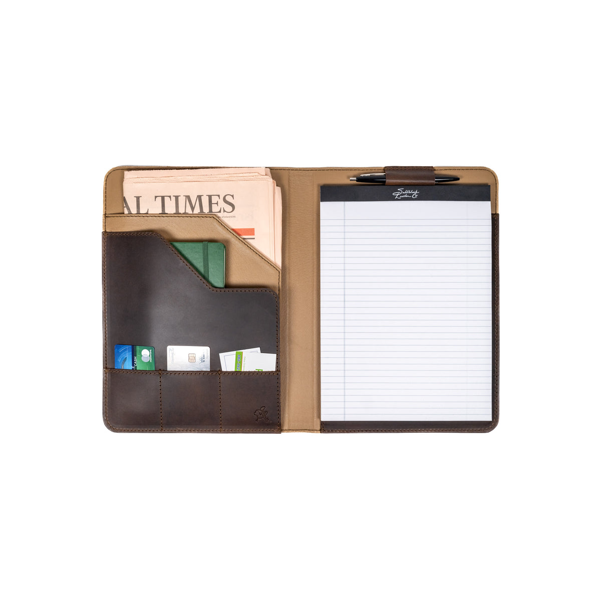 Leather Portfolio - Minnesota Twins in Dark Coffee Brown, open with a legal pad, pen, newspaper and cards inside