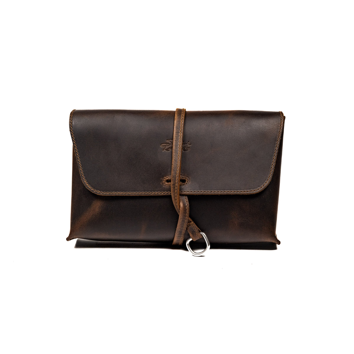 Large Leather Organizer Bag in Dark Coffee Brown, closed flap with wrapped leather tie and ring, front view
