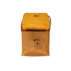Leather Organizer Bag in Tobacco with the flap lifted to show the metal ring and embossed logo