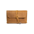 Large Leather Organizer Bag in Tobacco, closed flap with wrapped leather tie and ring, front view