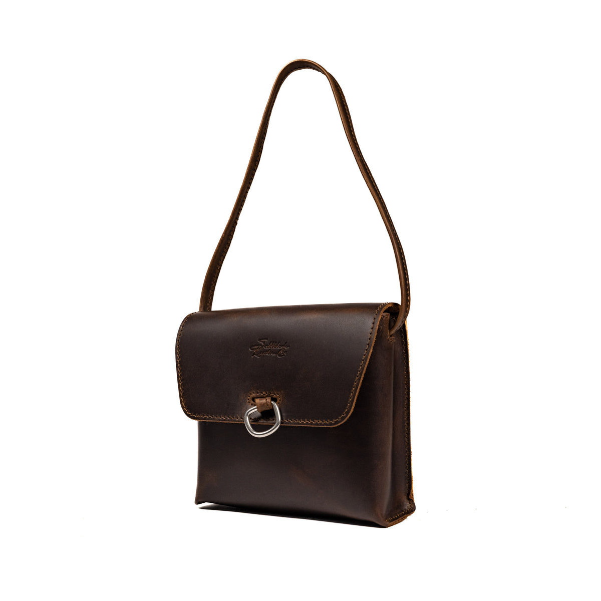Leather Organizer Bag in Dark Coffee Brown, angled view hanging from its strap with flap and metal ring closure