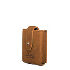 Leather Playing Cards Case in tan, closed front view with snap flap and embossed logo