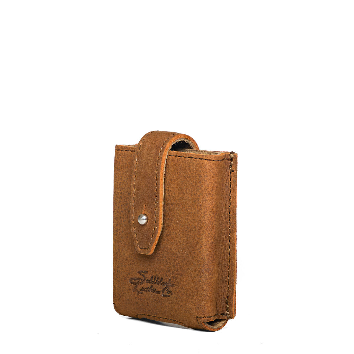 Leather Playing Cards Case in tan, closed front view with snap flap and embossed logo