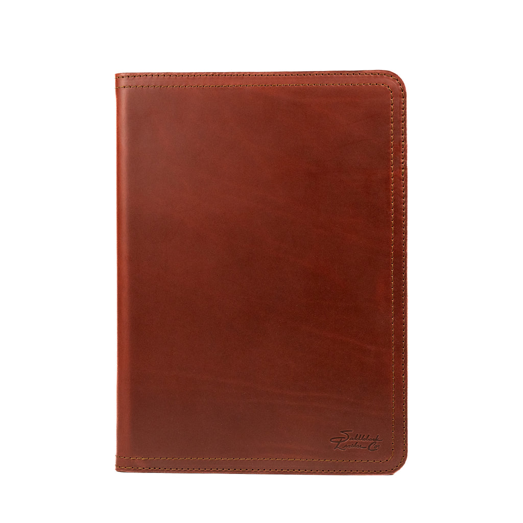 Old Design Medium Leather Portfolio in Chestnut, closed front view with stitched edges and logo