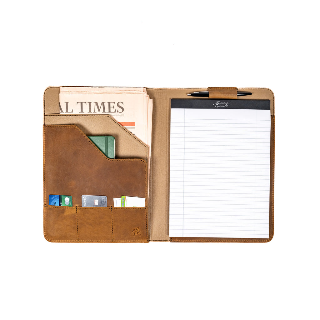Leather Portfolio - Los Angeles Dodgers World Series Champions in Tobacco, open with a legal pad and newspaper