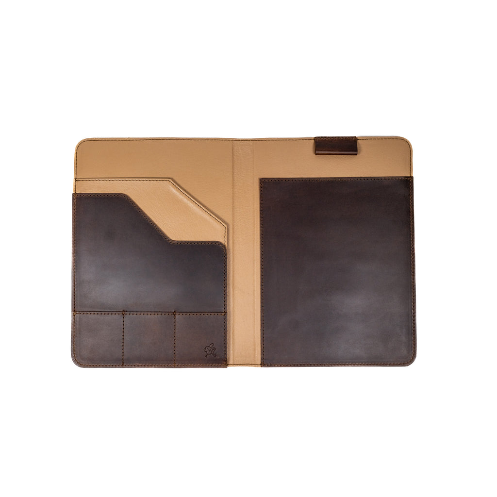 Leather Portfolio - Cleveland Guardians in Dark Coffee Brown, open and empty showing interior pockets and card slots