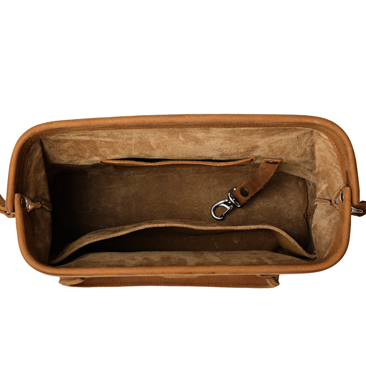 Everyday Purse in Tobacco, top view open and empty showing suede lining, interior pockets and key clip