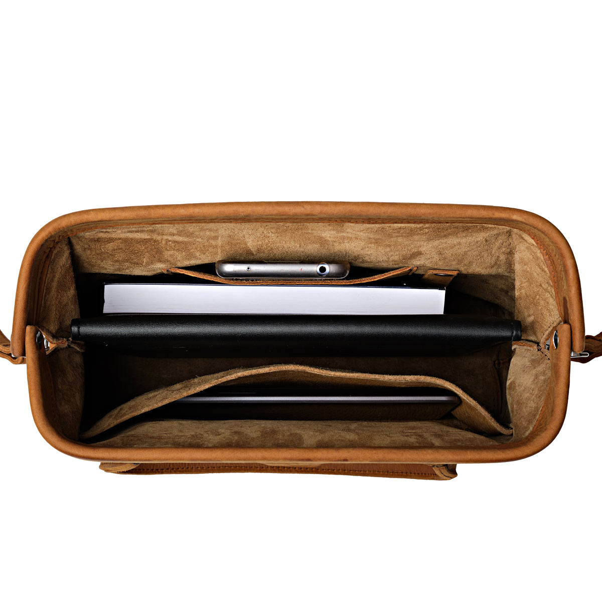 Everyday Purse in Tobacco, top view open showing suede lining and interior pockets holding a phone, notebook and tablet