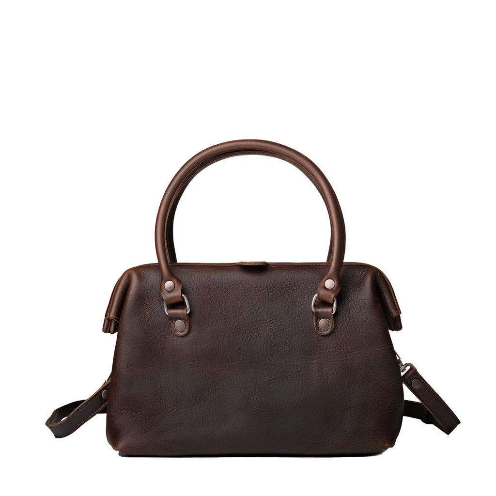 Everyday Purse in Dark Coffee Brown, back view with rolled top handles and shoulder strap