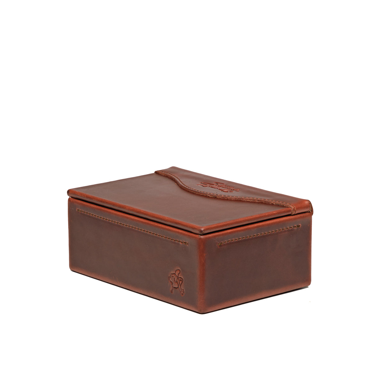 Small Organizer Box in Chestnut, closed lid with embossed logo, angled side view