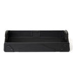 Grandfather Serving Tray in Black leather, front view showing collection patch inside, embossed logo and handles