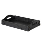 Grandfather Serving Tray in Black leather, angled view with cut-out carry handles and riveted corners