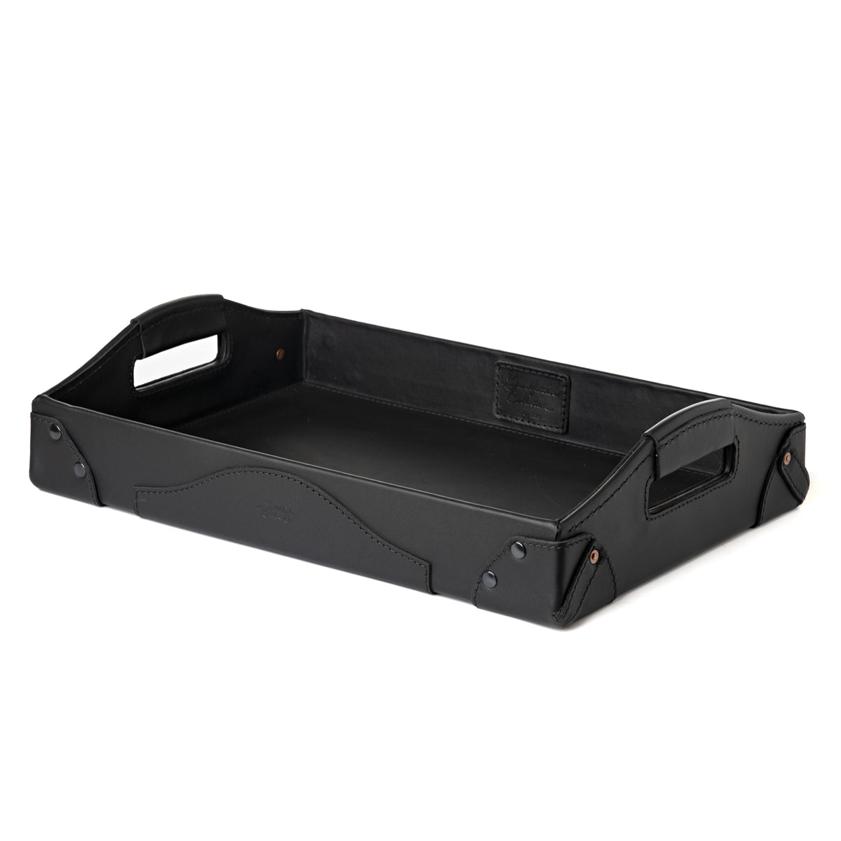 Grandfather Serving Tray in Black leather, angled view with cut-out carry handles and riveted corners